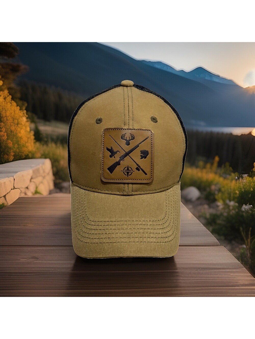 Hunter Fisherman Badge Fly Rod Rifle Shotgun Deer Rack Goose Baseball Cap Hat